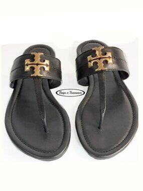 Tory Burch Everly Sandals Size 7.5 Black Leather T-Strap Logo Medallion NIB